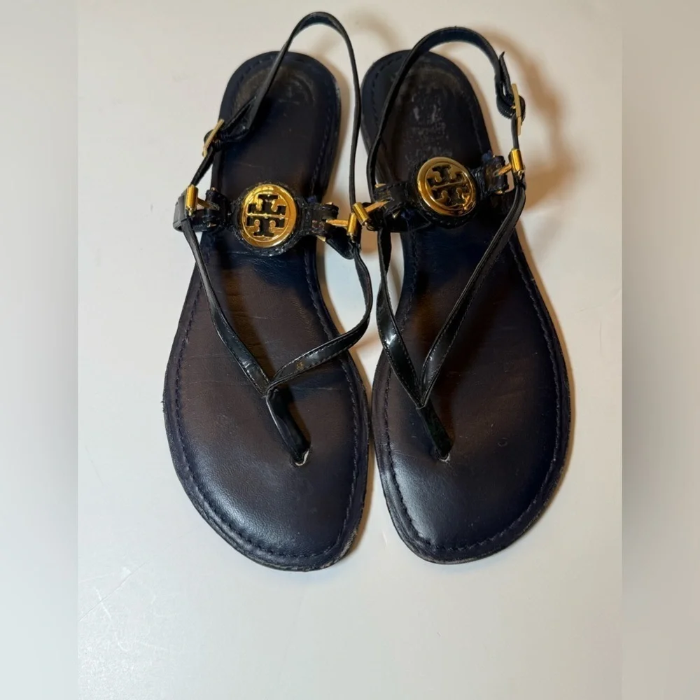 Tory Burch Black Thong Sandals with Gold Logo